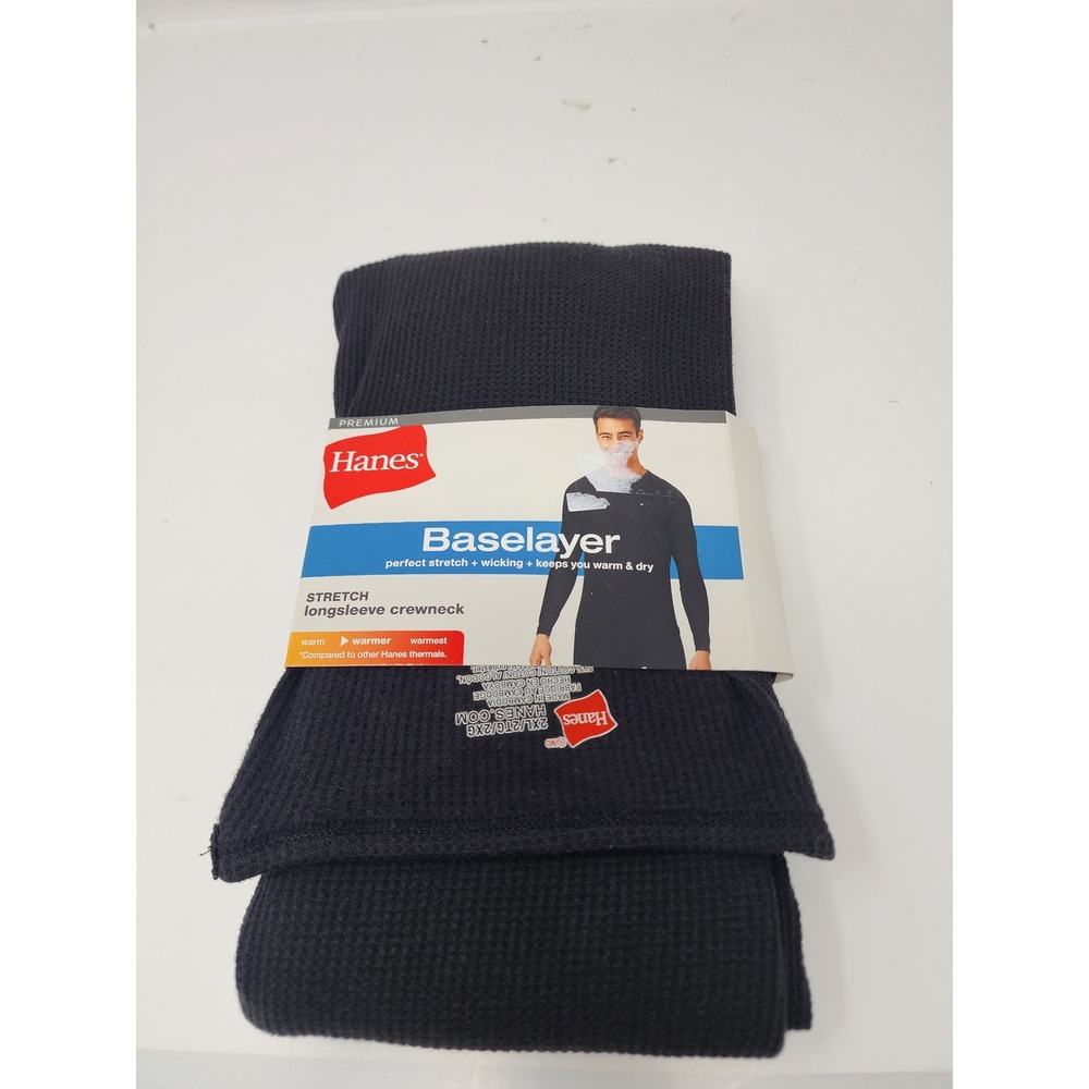 Hanes Mens Baselayer Thermal Crewneck Black Waffle Knit Cotton Blend Size 2XL